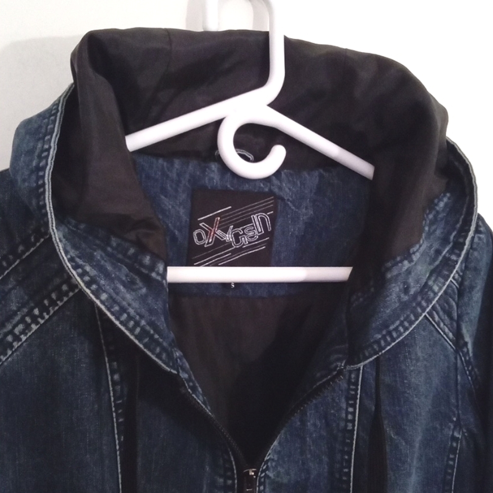 Oxygen Women's Hooded Long Moto Lined Denim Zip Up Jacket Pockets Small - Picture 2 of 14